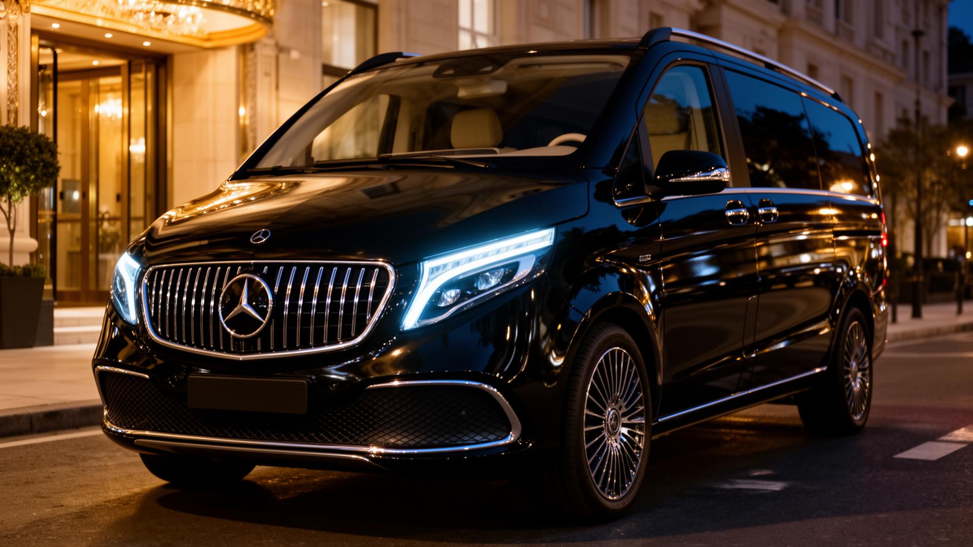 Mercedes Classe V 300 d Extra Long noire devant une villa au crépuscule